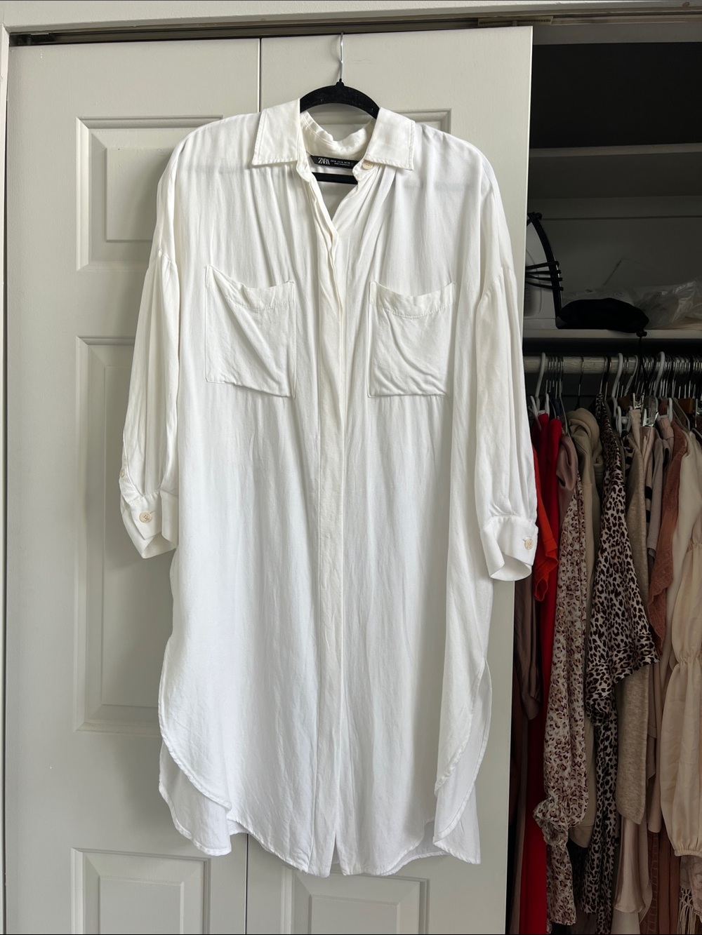 Zara White Long-Sleeve Oversized Tunic Dress